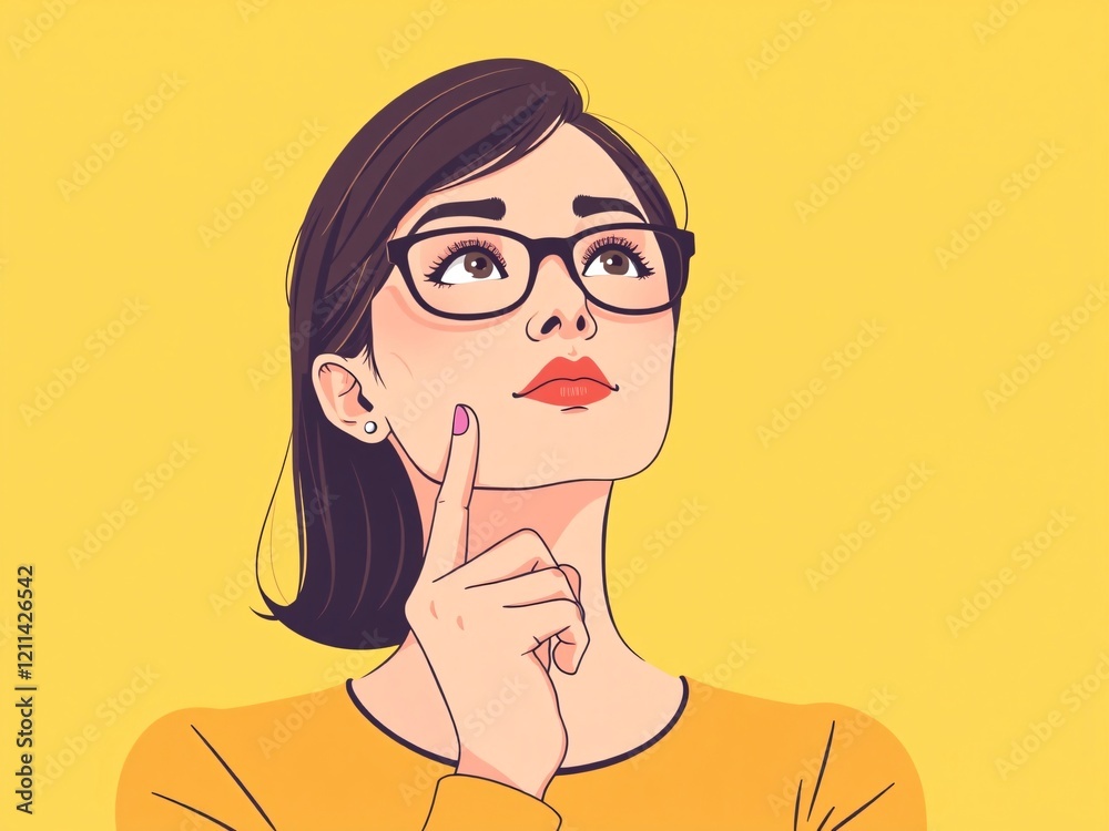 Illustration of a contemplative woman wearing glasses. This artwork symbolizes thoughtfulness, reflection, and creativity, with vibrant colors enhancing its modern and artistic appeal. Illustration of a contemplative woman wearing glasses. This artwork symbolizes thoughtfulness, reflection, and creativity, with vibrant colors enhancing its modern and artistic appeal.