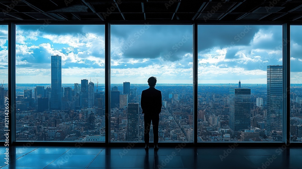 Silhouette of a Man Overlooking City Skyline from Window