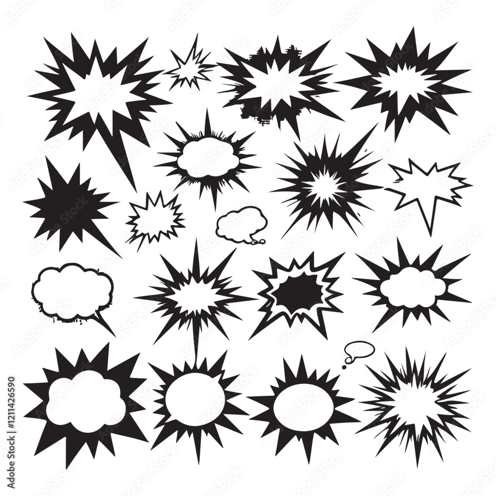 Comic explosion speech bubble vector shapes, speech bubble silhouettes vector set, starburst designs in black. Ideal for graphic design,pop art, illustrator EPS, illustrator EPS 10 Comic explosion speech bubble vector shapes, speech bubble silhouettes vector set, starburst designs in black. Ideal for graphic design,pop art, illustrator EPS, illustrator EPS 10