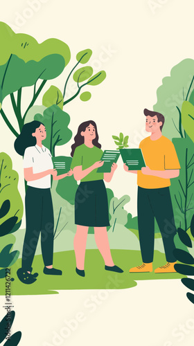 Team Discussing Sustainability Policies in Nature-Inspired Minimalist Vector Illustration