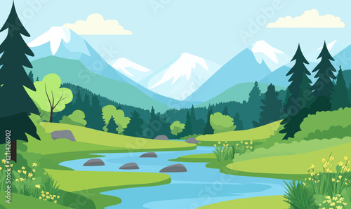 Serene Mountain Landscape with River and Forest in Minimalist Spring-Summer Vector Art