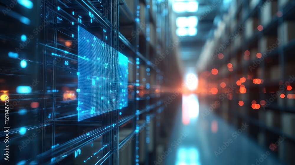 Obraz premium Data Center Server Room With Holographic Display