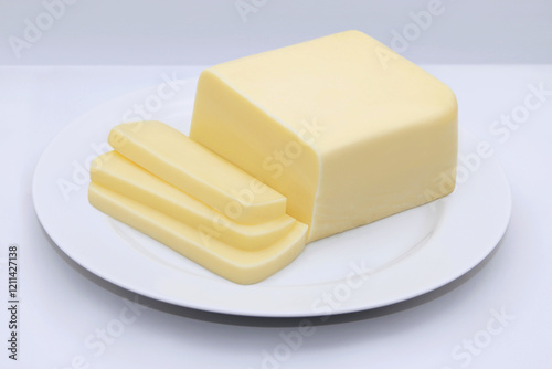 CHEESE BAR ON SLICED PLATE ON LIGHT BACKGROUND ISOLATED