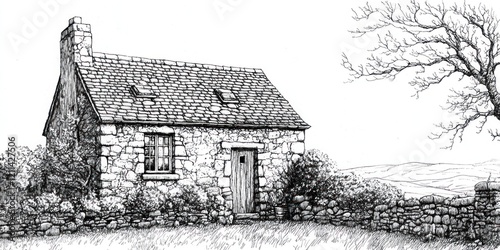 Stone Cottage Drawing Rural Landscape Scene