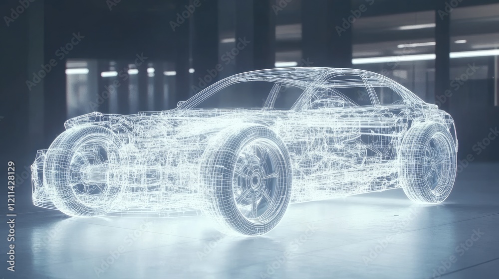 Naklejka premium A hybrid engine blueprint displayed on a glowing digital tablet in a modern design studio.