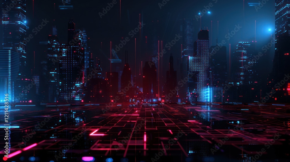 Obraz premium Neon Cityscape with a Digital Grid
