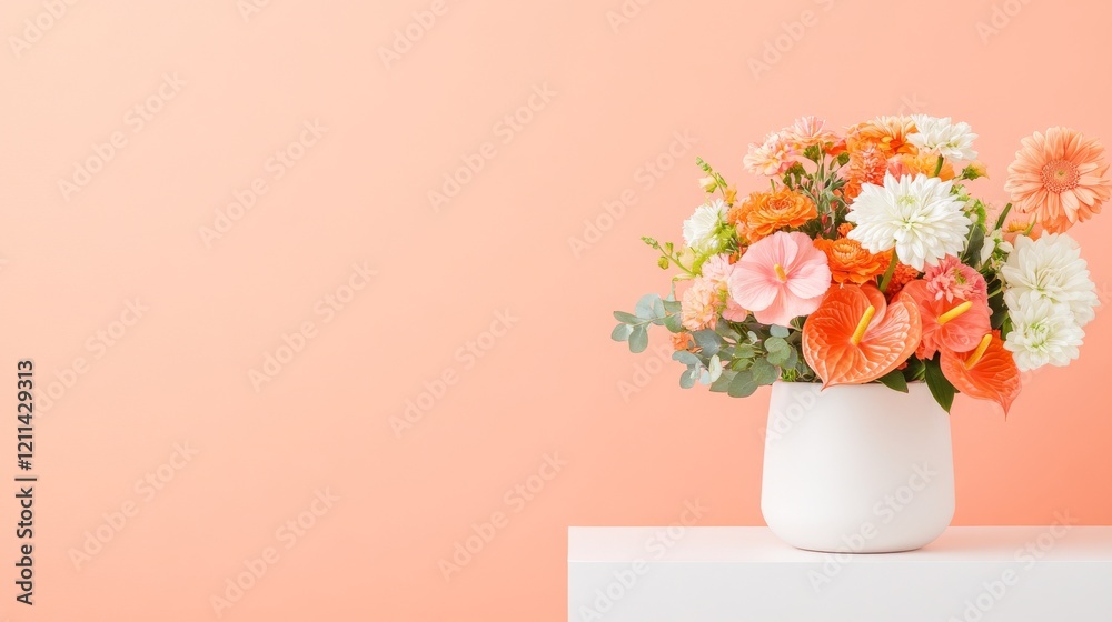 Fototapeta premium Coral Bloom: A vibrant bouquet of coral and white flowers, arranged in a simple white vase, adds a splash of color to a minimalist background.
