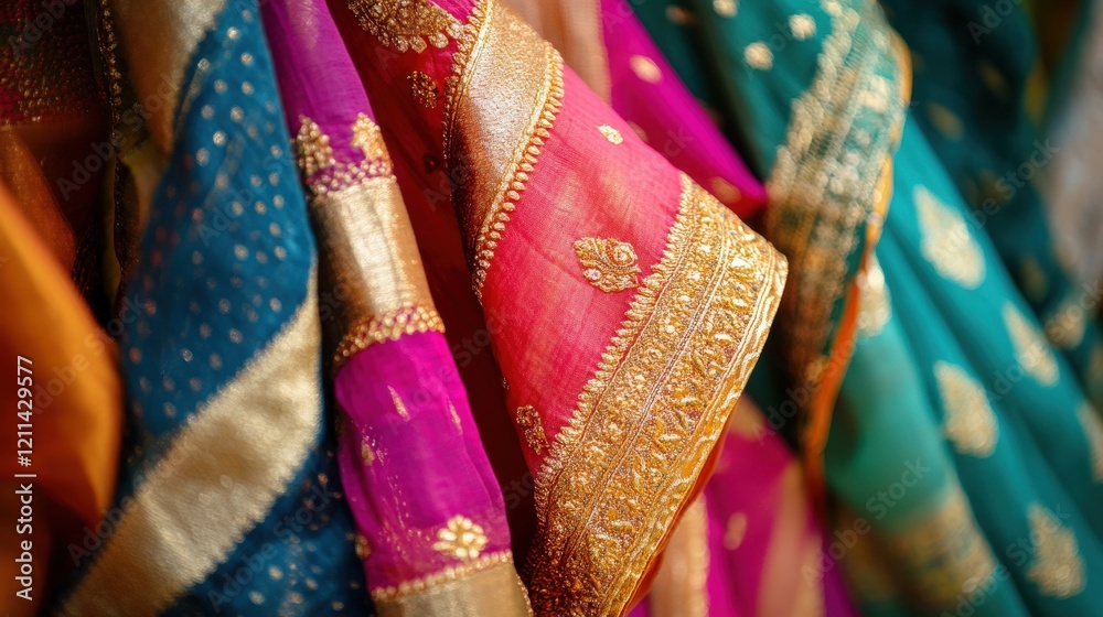 A vibrant photo of a Durga idol during Navratri, adorned with vibrant sarees and gold jewelry A vibrant photo of a Durga idol during Navratri, adorned with vibrant sarees and gold jewelry