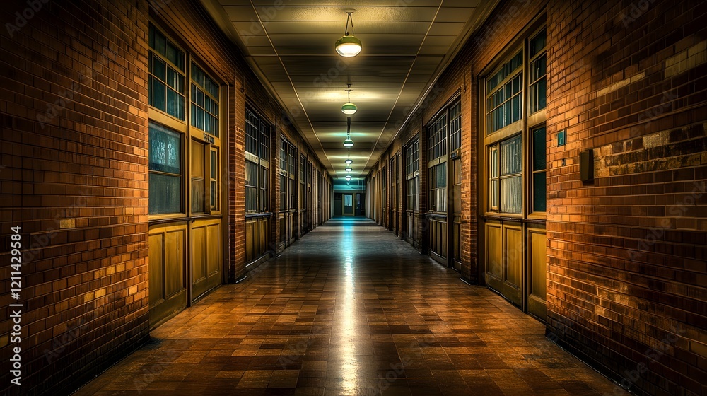 Long Brick Corridor Illuminated By Soft Lighting