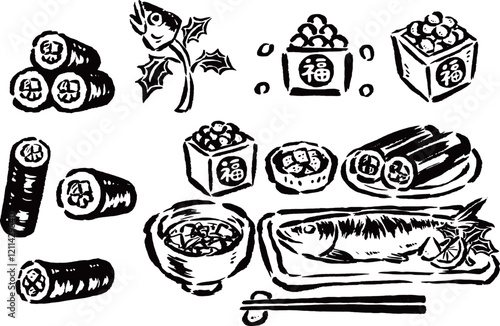 節分の食べ物　恵方巻き・福豆・鰯など　筆タッチ手描きイラスト線画セット