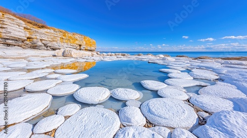 Coastal rock formations reflecting sunlight, clear sky, tranquil beach scene. Ideal for travel brochures