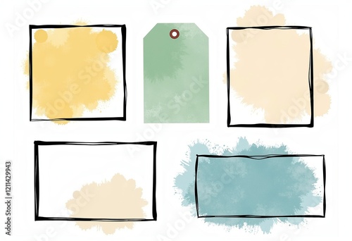 シンプルな水彩フレーム：タグとチケットのセット、薄い黄色、緑、青、ベージュ、細い黒い線、ミニマリストデザイン、影なし、純粋な白い背景。

