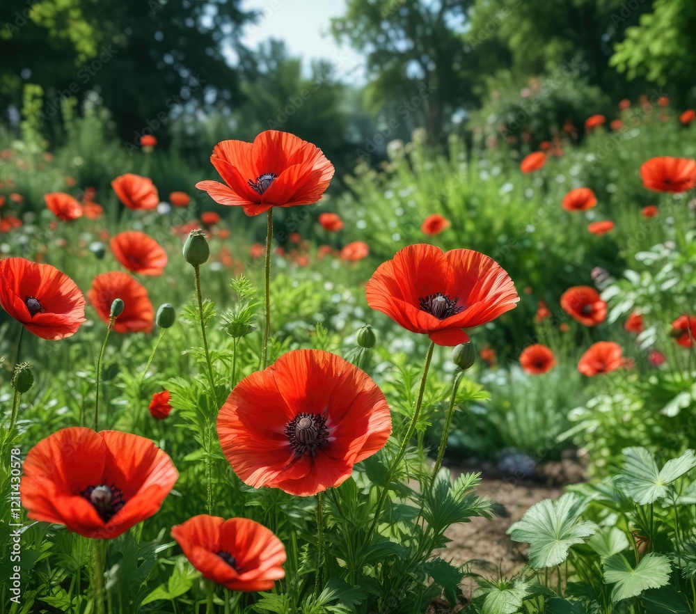 Fototapeta premium A bright red poppy flower blooms in a vibrant green garden amidst lush foliage and other flowers, color, wildflower, yellow