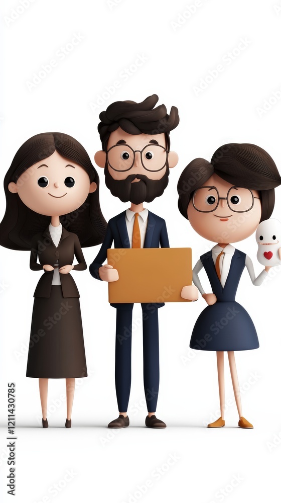 A cheerful group of cartoon characters representing teamwork and collaboration in a professional setting. A cheerful group of cartoon characters representing teamwork and collaboration in a professional setting.