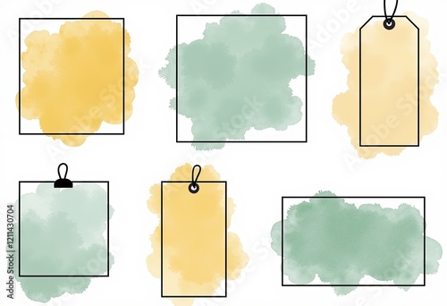 フラットなフレームとタグセット：薄い黄色、緑、青、ベージュ、水彩のスプラッシュ、細い黒い線、シンプルなデザイン、ミニマリスト、影なし、純粋な白い背景。

