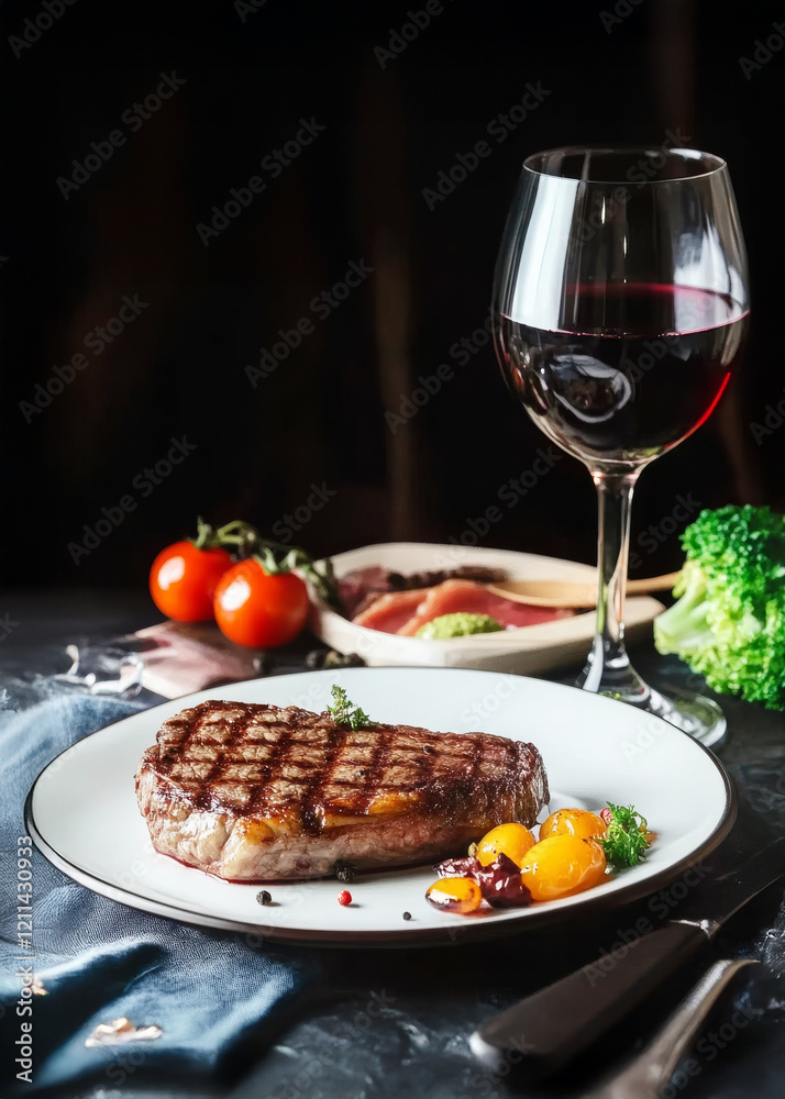 Sizzling Steak Dinner: A succulent grilled steak, perfectly seared and seasoned, rests on a white plate, accompanied by roasted cherry tomatoes, and a glass of rich red wine. Sizzling Steak Dinner: A succulent grilled steak, perfectly seared and seasoned, rests on a white plate, accompanied by roasted cherry tomatoes, and a glass of rich red wine.