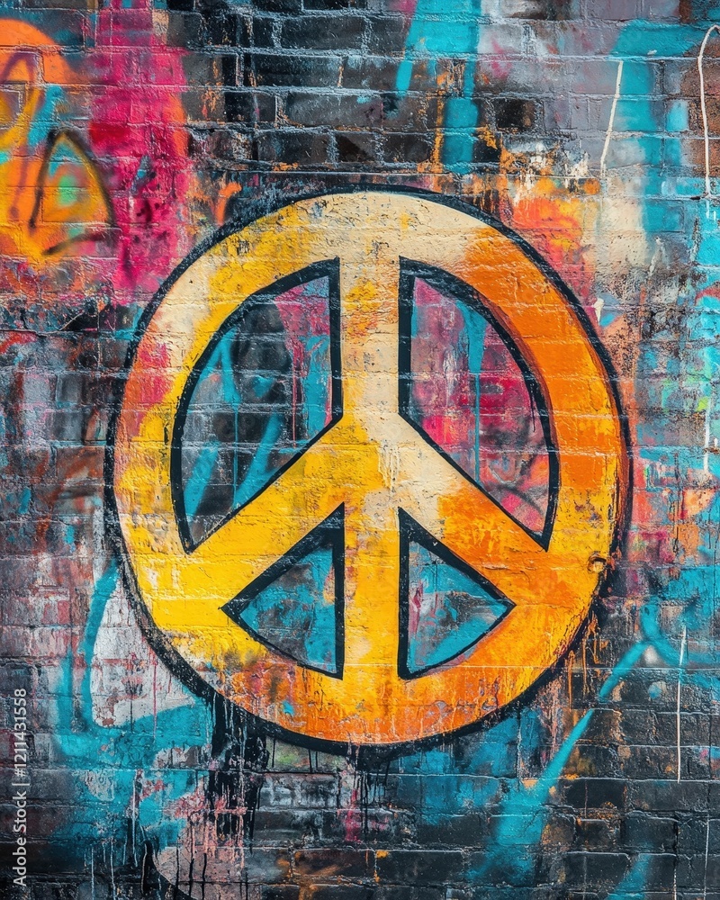 A vibrant photo of a peace sign painted on a wall, surrounded by bright graffiti art A vibrant photo of a peace sign painted on a wall, surrounded by bright graffiti art