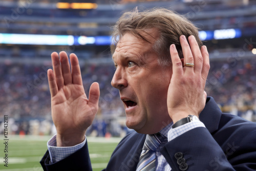 Sideline view of a coach reacting to a massive collision on the field photo