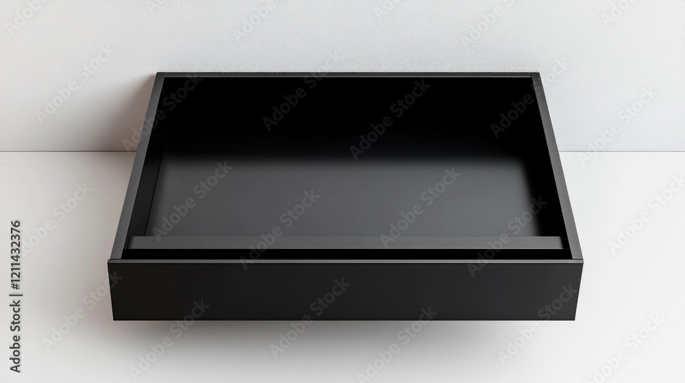 A sleek black drawer, fully open and empty, with sharp edges and a modern look, isolated on a white backdrop. A sleek black drawer, fully open and empty, with sharp edges and a modern look, isolated on a white backdrop.