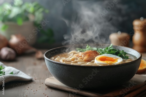 Homemade ramen with soft-boiled egg and herbs in rustic setting photo