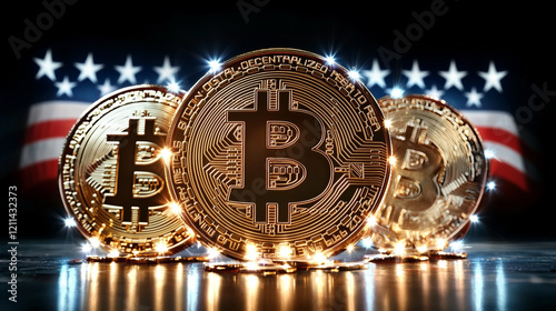 Bitcoin BTC Symbol Münze mit USA Symbole Stars and Stripes im 16:9 Querformat.