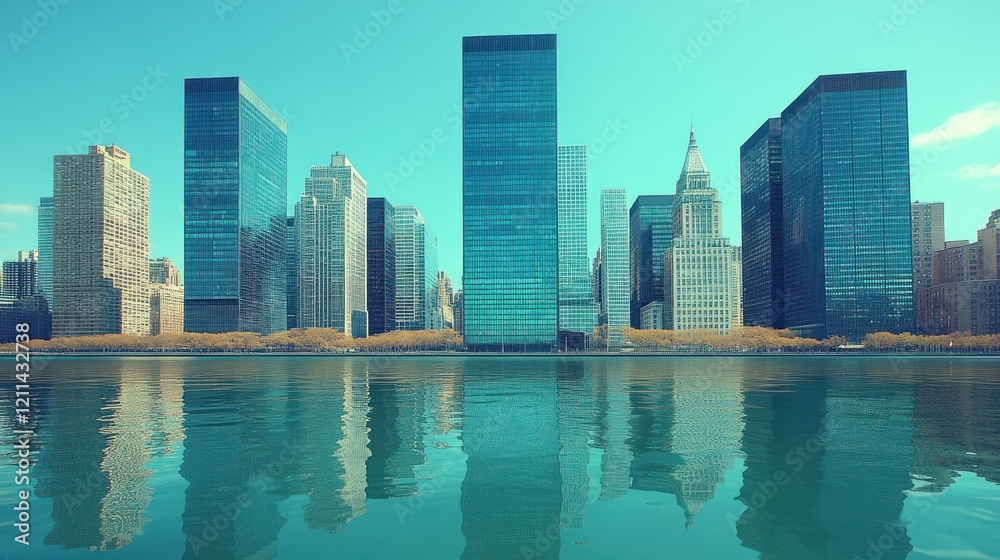 Fototapeta premium Stunning Skyline Reflection: Mid-town Manhattan's Architectural Marvel