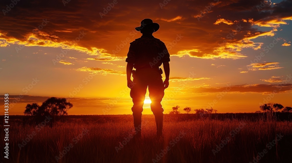 A sunset over the Australian outback with the silhouette of a soldier standing, representing the ANZAC spirit, emotional landscape photography with natural lighting A sunset over the Australian outback with the silhouette of a soldier standing, representing the ANZAC spirit, emotional landscape photography with natural lighting
