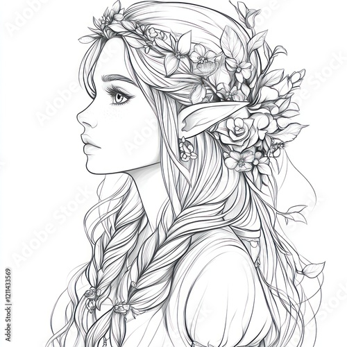 Floral-crowned elf girl profile, fantasy art, coloring book page