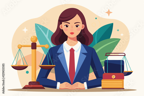 A lawyer calmly presents her case at a desk decorated with legal symbols and documents Female lawyer concept,