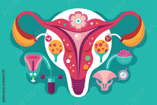 Detailed illustration of the female reproductive system featuring various organs and elements related to health Female reproductive system Customizable Flat Illustration