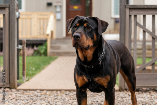 A Rottweiler guarding a house entrance