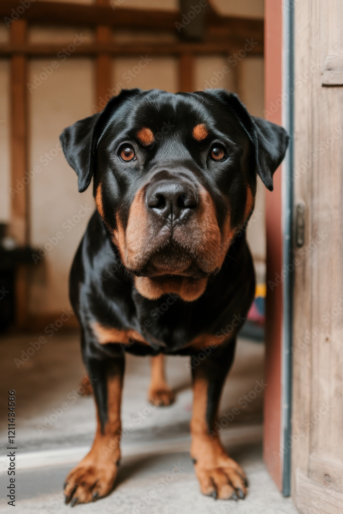 A Rottweiler guarding a house entrance A Rottweiler guarding a house entrance