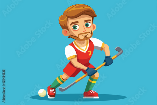 Young man with a stick poised to hit a ball in a lively, colorful field hockey setting Field hockey Customizable Cartoon Illustration