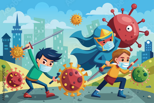 Kids in masks wield swords, battling cartoon viruses in a colorful city park backdrop Fighting against coronavirus Customizable Cartoon Illustration