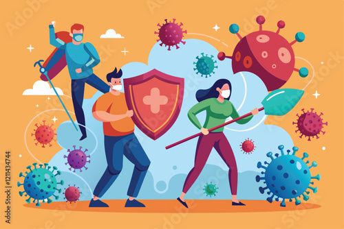 Individuals are battling against the coronavirus using shields and spears in a colorful environment Fighting against coronavirus Customizable Flat Illustration