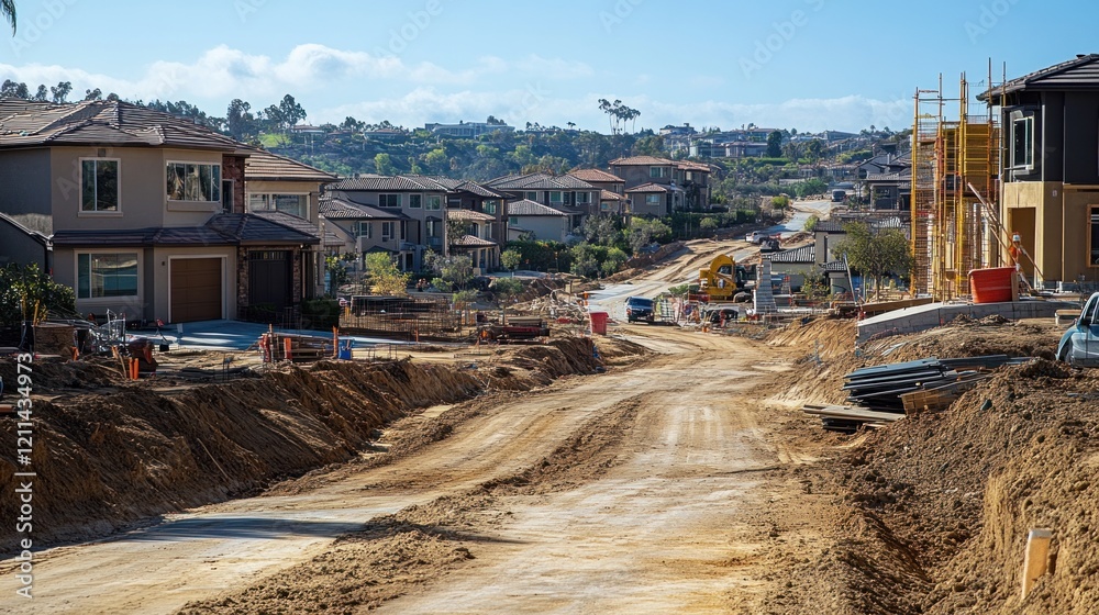 Fototapeta premium A suburban housing estate in progress, with completed homes on one side and active construction of new houses on the other.