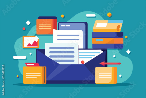 Colorful documents and folders are arranged inside a blue envelope against a bright backdrop Files sent Customizable Semi Flat Illustration