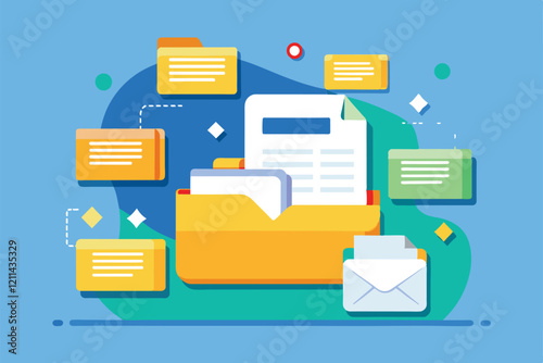 Various file folders, documents, and an envelope arranged in a vibrant workspace setting Files sent Customizable Semi Flat Illustration