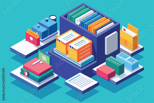 A colorful isometric representation of an organized filing system for document storage and management Filing system Customizable Isometric Illustration