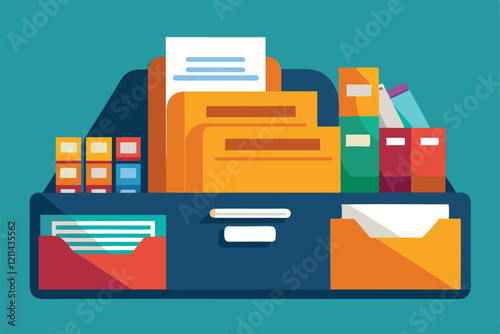 A vibrant workspace features a customizable filing system filled with organized documents and supplies Filing system Customizable Semi Flat Illustration