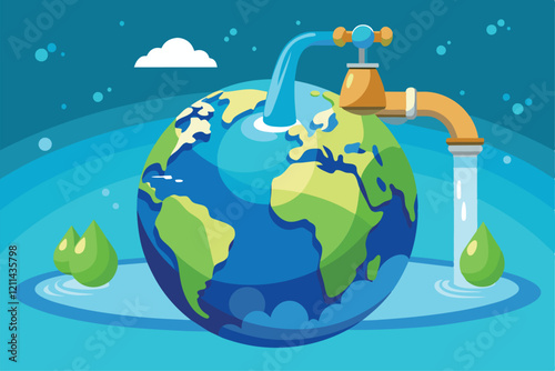 Clean tap water flows from a faucet, filling the Earthâ€™s oceans in a colorful, uplifting landscape fill the earth with tap water