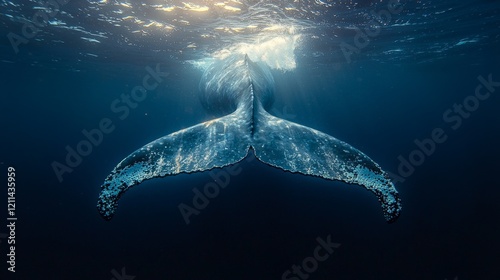 an enormous tail of a blue whale slapping the water