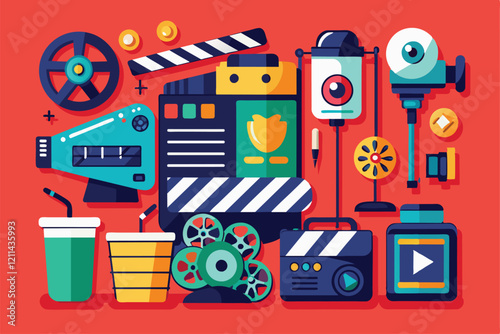 Colorful icons represent essential tools and resources for the art of filmmaking and video production Filmmaking tools icon set