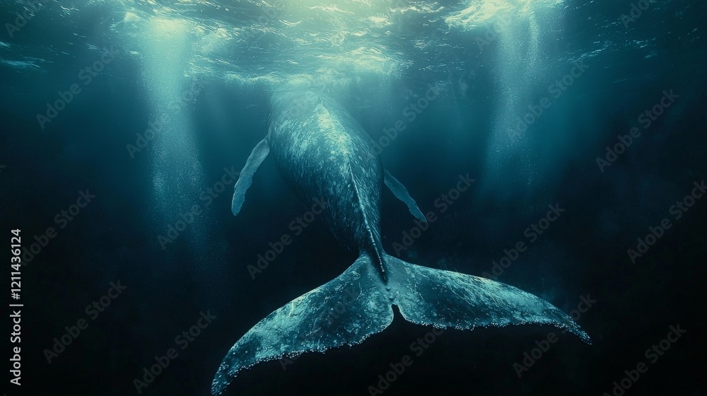 Naklejka premium an enormous tail of a blue whale slapping the water