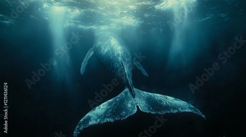 an enormous tail of a blue whale slapping the water