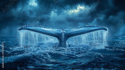 an enormous tail of a blue whale slapping the water