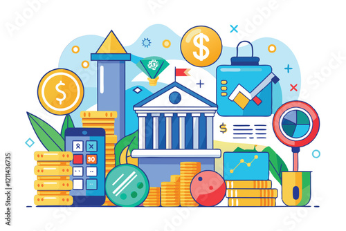 The artwork depicts banking concepts with various financial elements like coins, charts, and calculators Finance Customizable Disproportionate Illustration