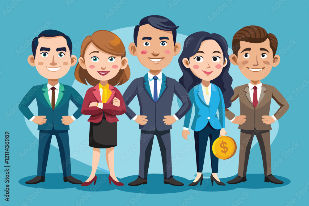 Finance leaders pose together, showcasing teamwork and confidence in a corporate environment Finance leaders Customizable Cartoon Illustration Finance leaders pose together, showcasing teamwork and confidence in a corporate environment Finance leaders Customizable Cartoon Illustration