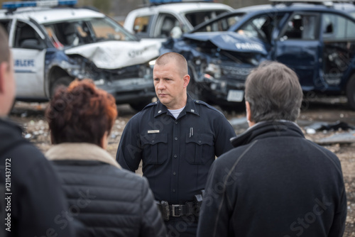 Police interviewing witnesses at the site of a crash involving multiple vehicles photo