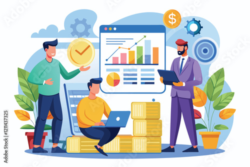 Two accountants discuss data while another works on his laptop surrounded by financial charts financial accounting, male accountants make financial statements